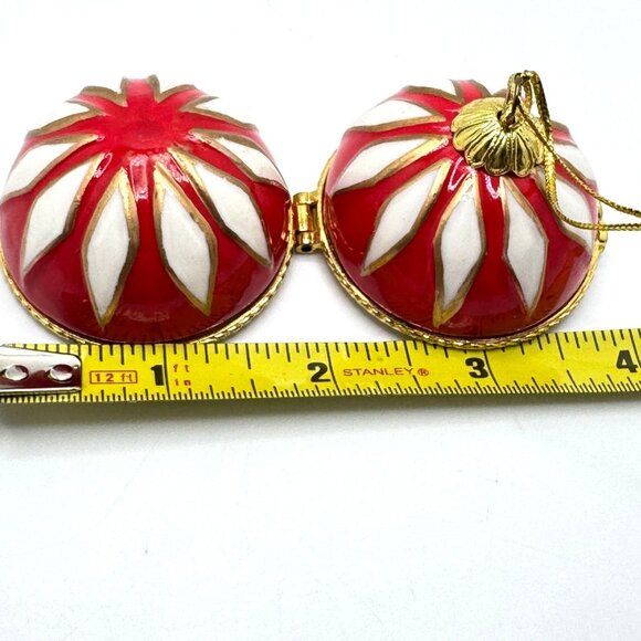 Red Gold Hinged Ornament Box White Accents 2" Diameter Decorative Christmas - Picture 5 of 6